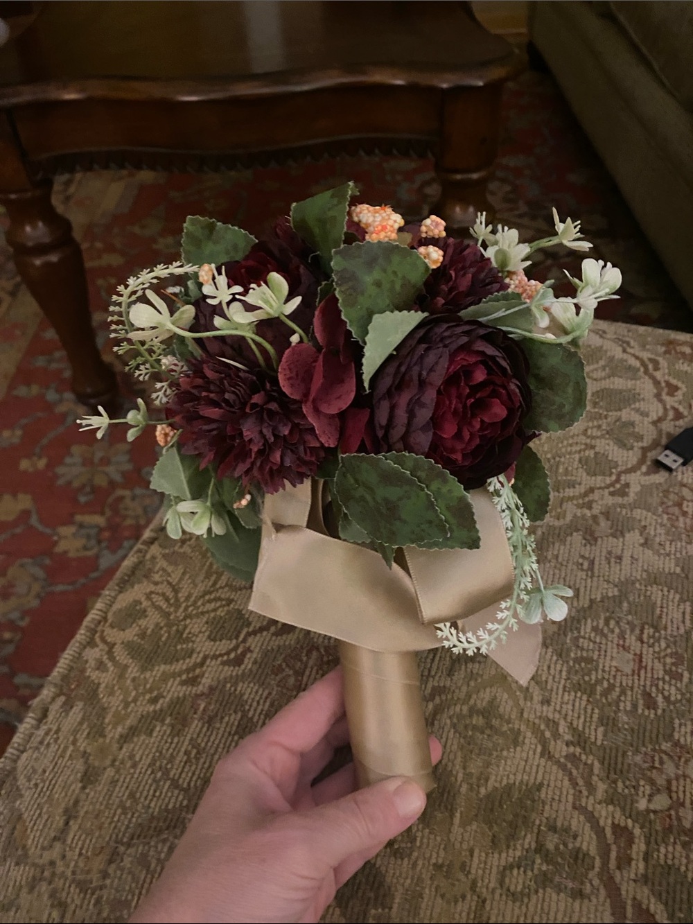 Artificial Burgundy Floral Bouquet with Greenery - bridal bouquet